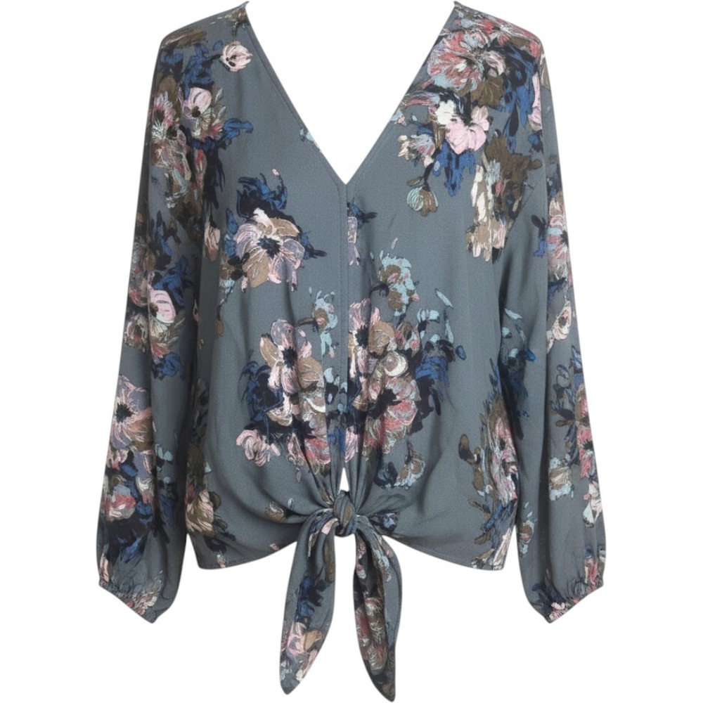 Lovestitch Floral Tie Front V-Neck Blouse green Large Boho Cottagecore flowy